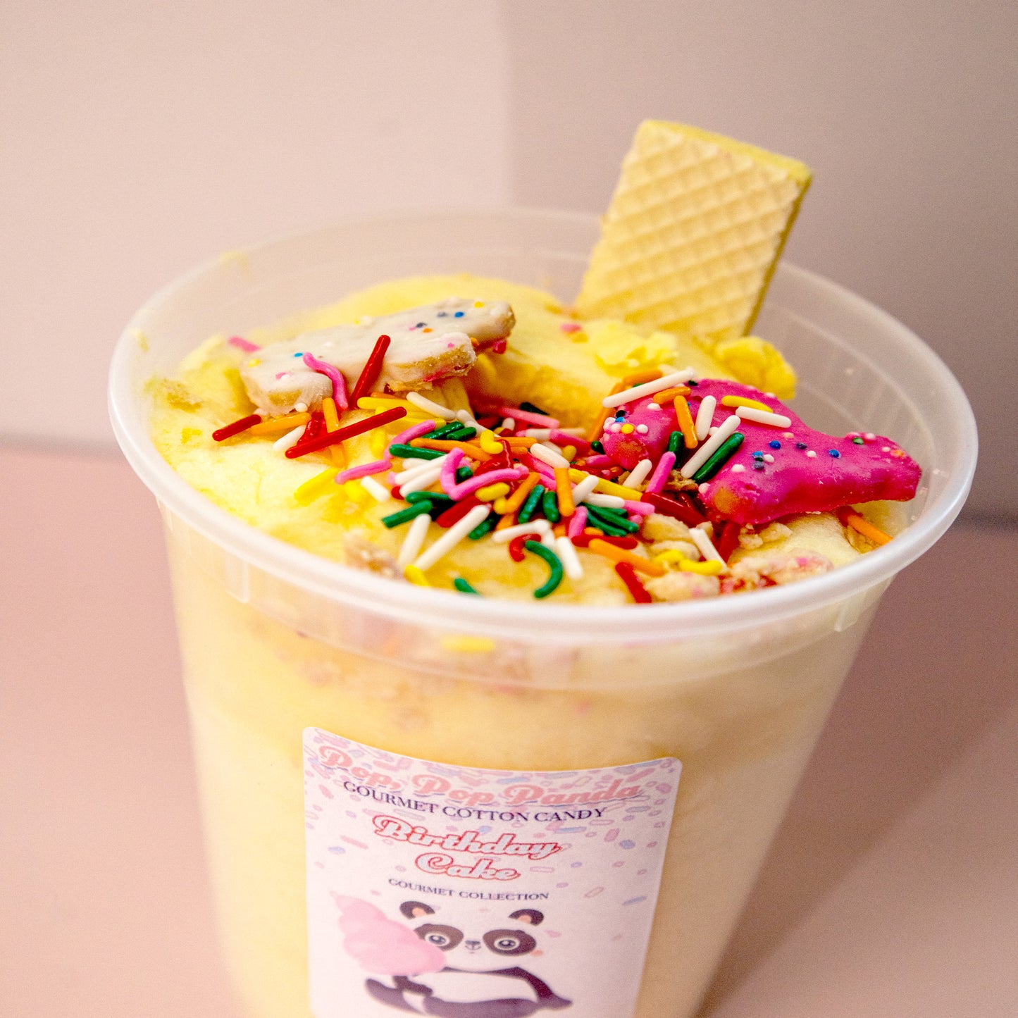 STUFFED Birthday Cake Cotton Candy FILLED with frosted animal cookies, vanilla wafers and topped with sprinkles | 5 oz